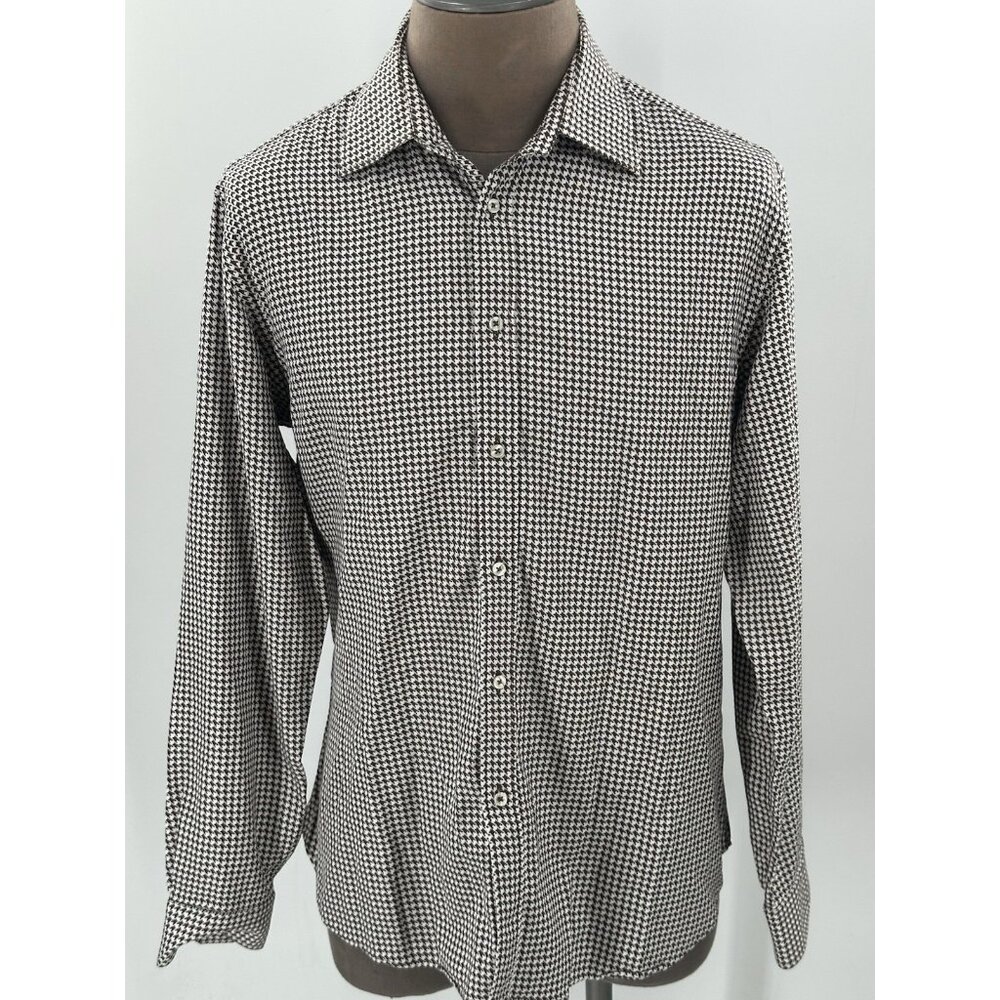 Zara Man Mens Button Shirt L Brown White Herringbone Tailored Fit Size 17